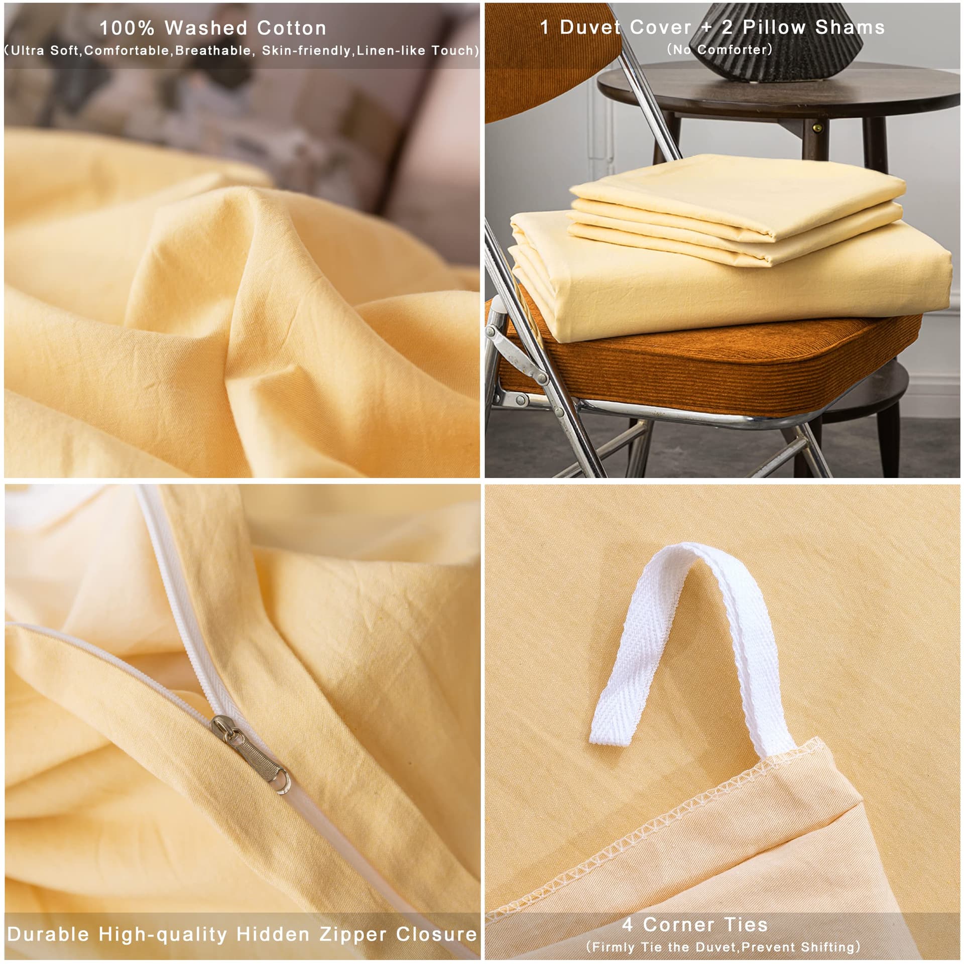 Janlive Washed Cotton Duvet Cover King Ultra Soft 100% Cotton Solid Color Cream Yellow Duvet Cover Set with Zipper Closure -3 Pieces Cream Yellow King - King - Cream Yellow thumbnail 6