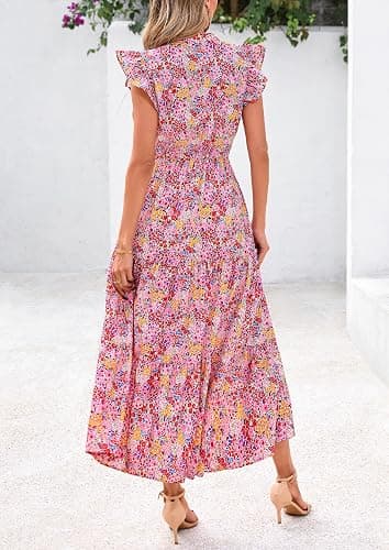 PRETTYGARDEN Women's 2026 Summer Floral Midi Dress Cap Sleeve V Neck Ruffle Long Flowy Boho Casual Beach Vacation Dresses thumbnail 2