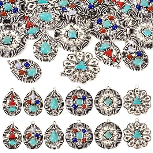 Spritewelry 24Pcs Turquoise Charms Western Charms for Jewelry Making Vintage Antique Silver Pendants Teardrop Flower Flat Round Dangle for Bohemian Necklace Earring Making - Image 1