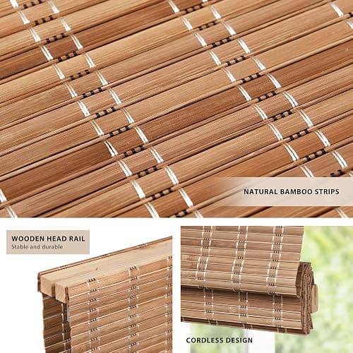 LazBlinds No Drill Cordless Bamboo Roman Shades, 30" W × 64" H, Brown | Tool-Free Light Filtering Window Treatment, Roll Up Bamboo Blinds for Windows thumbnail 2