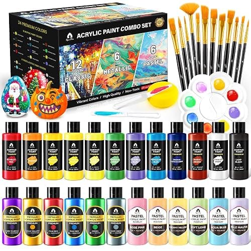 40 Pcs Classic & Metallic & Pastel Acrylic Paint Set with 12 Brushes, 2 Knives & Palette, 24 Colors (2oz/60ml) - for Adults, Kids, Artists & Beginners - Arts and Crafts Painting Kit - Image 1