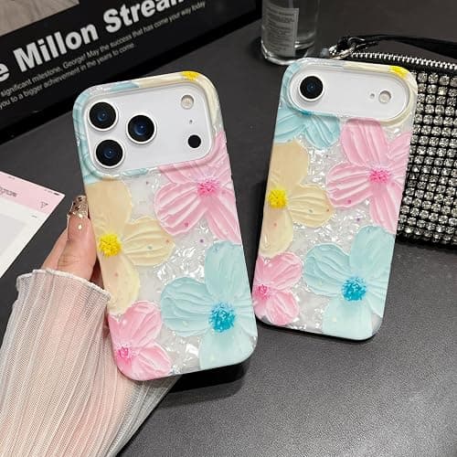 Jmltech for iPhone 17 Air Case Girly Aesthetic Floral Women Trendy Luxury Cute Shockproof Flowers with Beaded Phone Charms Strap Lanyard Oil Painting Flexible Silicone Phone Case for iPhone 17 Air thumbnail 8