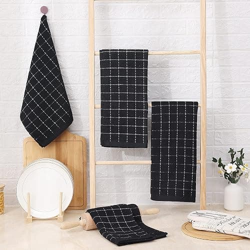 Homaxy 100% Cotton Terry Kitchen Towels(Black, 13 x 28 inches), Checkered Designed, Soft and Super Absorbent Dish Towels, 4 Pack thumbnail 2