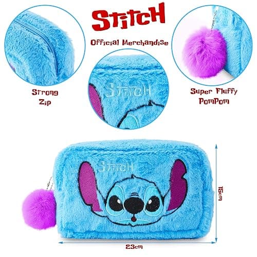 Disney Fluffy Stitch Makeup Bag for Girls, Teens, Cute Travel Toiletry Bag for Beauty Accessories, Zipped Make Up Cosmetics Storage, Gifts for Women (Blue Plush) thumbnail 3