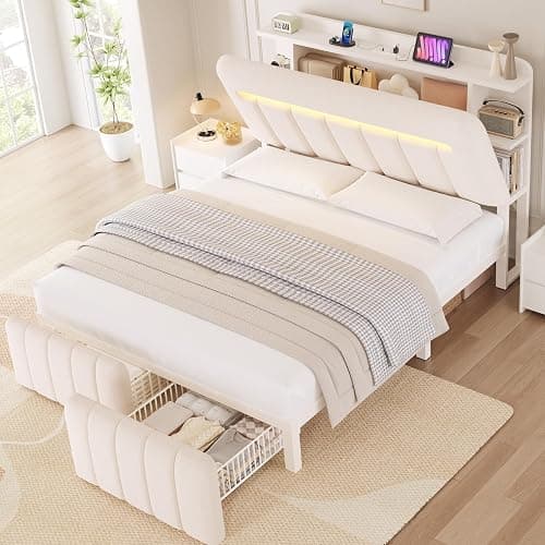 Jocoevol Full Size Bed Frame with Storage Headboard,Upholstered White Bed Frame Full with Storage Drawers and Charging Station,Velvet Platform Metal Bed, Noise-Free No Box Spring Needed - Image 1