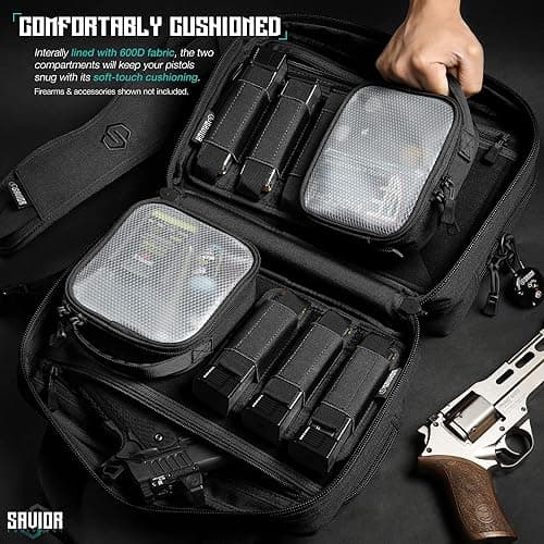 Savior Equipment Specialist Series Mini Range Bag Tactical Dual Pistol Handgun Revolver Hunting Bag Gun Carrying Case, X-Large Compartments w/Lockable Zippers, Deluxe Padded Shoulder Strap Included - Obsidian Black - 13" x 9" x 8.75" Range Bag thumbnail 3