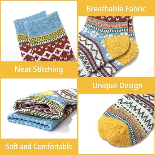 ICEIVY Womens Socks 5 Pairs Wool Warm Cotton Thick Vintage Casual Winter Cabin Crew Fuzzy Socks Gifts For Women thumbnail 2