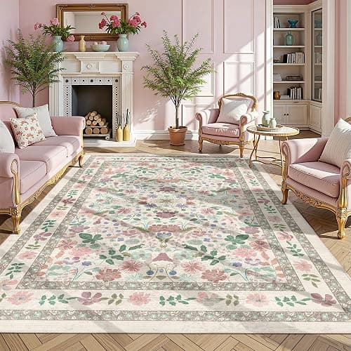 Boho Floral Area Rug 6x9 for Living Room- Deerly Vintage Large Washable Non-Slip Bedroom Carpet Soft Low Pile Thin Floor Mat Indoor for Dining Room Playroom Nursery Farmhouse, Beige/Light Pink/Multi thumbnail 3