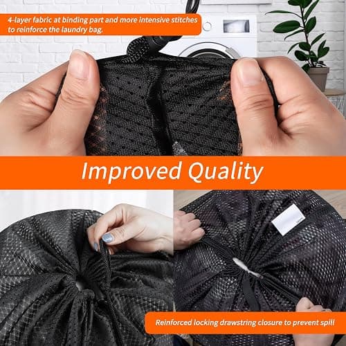 Polecasa Extra Heavy Duty Large Diamond Mesh Laundry Bags with Drawstring Closure & ID Tag, 2 Pack 24 x 36 inches Washable Storage Bag for College, Travel, Sports, Dorms, Black thumbnail 4
