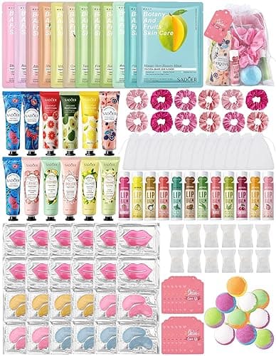 Jutqut 120PCS Spa Party Supplies for Girls, Include Facial Masks, Lip Mask, Under Eye Patches, Lip Balm, Foot Bath Bombs, Hand Cream, Compressed Towel, Hair Band, Sleepover Party Supplies for Girls - 120PCS