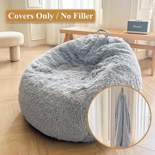 XeGe Fluffy Stuffed Animal Storage Bean Bag Cover(No Filler), Faux Fur Washable Ultra Soft Bean Bag Cover for Plush Toys or Textile,Plush Shaggy Large Beanbag for Adults Kids Teens, Light Grey thumbnail 2