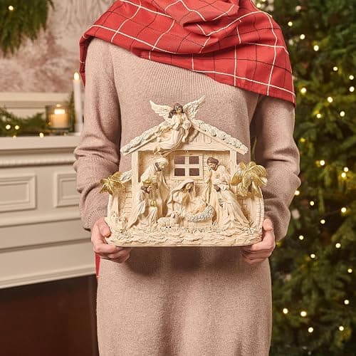 Valery Madelyn Christmas Nativity Figurines with LED Lights, Large White Gold Holy Family Nativity Scenes Resin Manger for Xmas Indoor Home Table Fireplace Holiday Decorations, 10.6 Inch Tall thumbnail 4