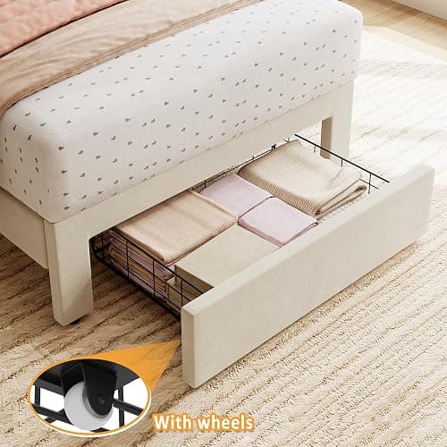 IDEALHOUSE Twin Bed Frame with Storage Drawer and Headboard, Velvet Upholstered Twin Platform Bed Frame for Girls, Strong Wooden Slats Support, Noise-Free, Easy Assembly (Beige) thumbnail 6