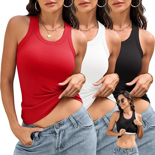 BVNSOZ 3 Pack Womens Tank Tops with Built in Bra Ribbed Racerback Tops | Light Support, Sleeveless Workout Shirt, Slim Fit, Double Layer, Scoop Neck, Summer Basic Cami, Stretch Material, Casual - Image 1