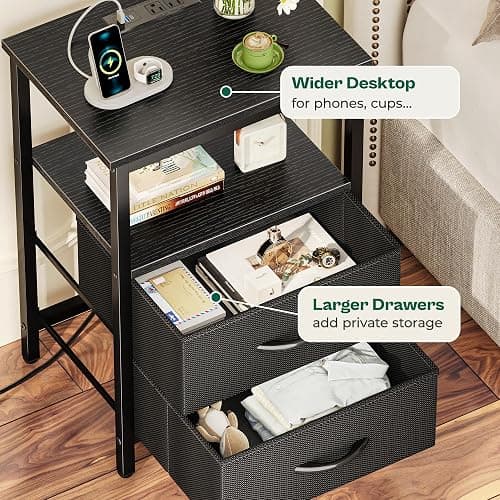 Huuger Night Stand with Charger Station and LED Lights, 2 Drawer Nightstand, Bed Side Table with Open Shelf, End Table, Fabric Dresser for Bedroom, Black thumbnail 7