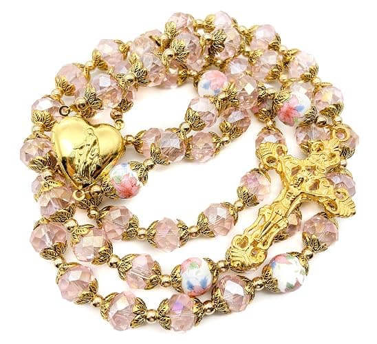 Nazareth Store Katholische Rosa Kristall Perlen Gold Rosenkranz Blumen Perlen Halskette Holy Mary Herz Medaillon Medaille & Kreuz Religiöses Amulett für Frauen thumbnail 4