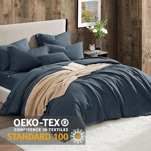 Geniospin Twin Comforter Set - 5 Pieces Comforter Twin Size, Solid Bedding Sets for All Season, Textured Bed in a Bag with Flat Sheet and Fitted Sheet, Pillowcases and Shams (Navy Blue, 66''x86'') thumbnail 2