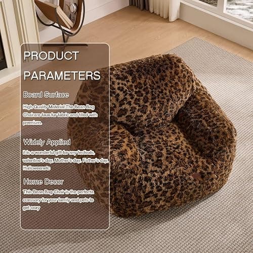 Leopard Print Faux Fur Bean Bag Chair with Armrests, Ultra-Soft Fluffy Sofa for Bedroom Living Room, Foam Filled Floor Chair (Cheetah Print Brown) thumbnail 6