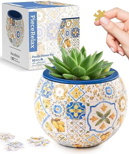 PieceRelax 3D Puzzle Planter - Retro Tiles - Danish Folklore Style, Home Decor Flower Pots for Indoor Cactus, Succulents Pots [K1104] - Image 1