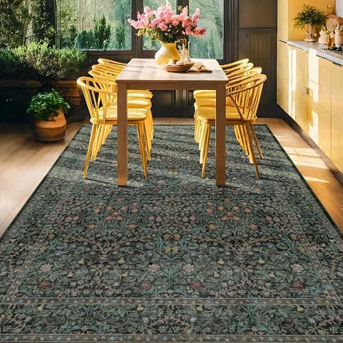 Vintage Dark Green Living Room Rug, 8x10 Washable Area Rugs for Dining Room Under Kitchen Table, Bedroom, Oriental Low Pile Stain Resistant Non-Slip Large Carpet (8x10 Dark Green) thumbnail 8