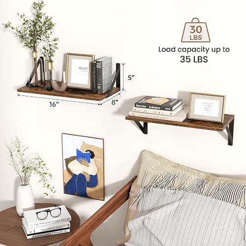 Axeman Floating Shelves for Wall, 8 Inch Deep Brown Wall Shelves Set of 2, 16''W x 8''D Rustic Brown Wood Shelves for Bookshelf Living Room Bedroom Home Office Bathroom thumbnail 5