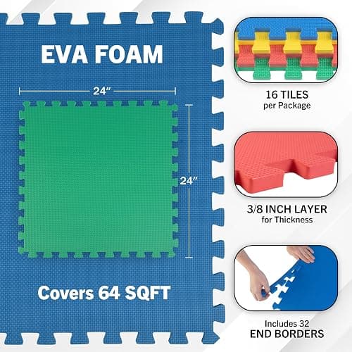 EVA Foam Mat Tiles - Interlocking Padding for Garage, Playroom, or Gym Flooring - Workout Mat or Baby Playmat by Stalwart thumbnail 2