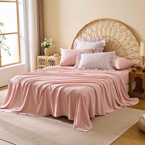 Veniklo Queen Comforter Set 7 Pieces Floral Pink Ruffle Bedding Set | Soft pre-washed fabric, shabby chic ruffle bedding, reinforcing ruffles, all season bed in a bag for bedroom, breathable thumbnail 5