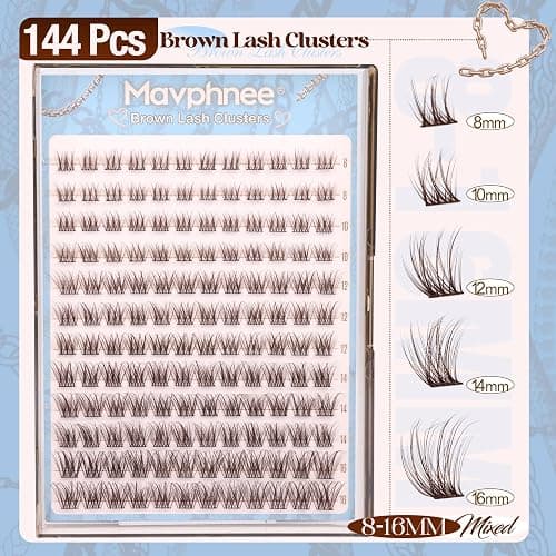 Mavphnee Brown Lash Clusters Dark Brown Eyelash Extensions Natural Cluster Lashes CC-Curly Pestañas Postizas Wispy Individual Lash Extensions 3D Lash 8-16MM Brown Eyelash Clusters 144PCS DIY at Home thumbnail 2