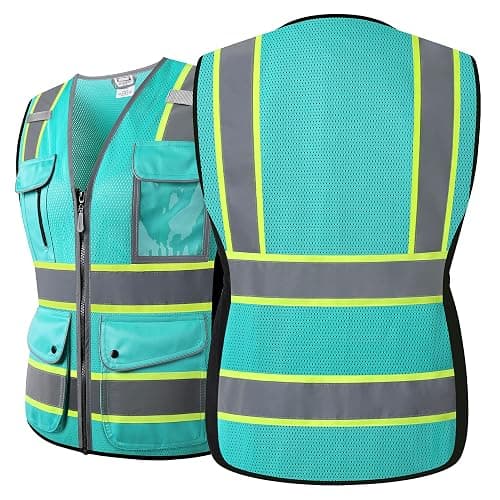 HATAUNKI High Visibility Reflection Peacock Mesh Safety Vests with 9 Pockets and Front Zipper, hi vis safety vest for Women, Meets ANSI/ISEA Standards(Peacock-16,M) thumbnail 2