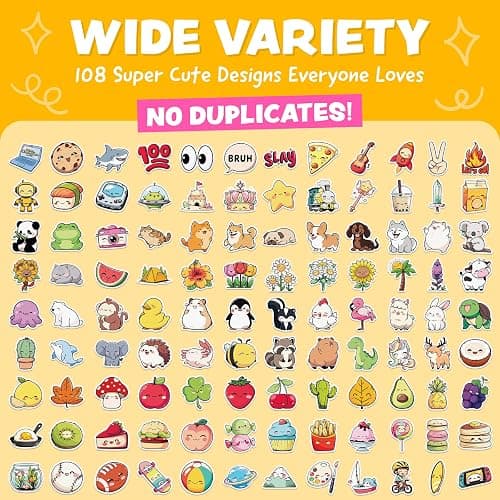 Cute Stickers for Kids - Christmas Stocking Stuffers Kids - Kawaii Water Bottle Stickers for Teens - 108pc Bulk Sticker Pack - Waterproof Vinyl Stickers for Water Bottles, Scrapbook, Laptops, Journal thumbnail 3