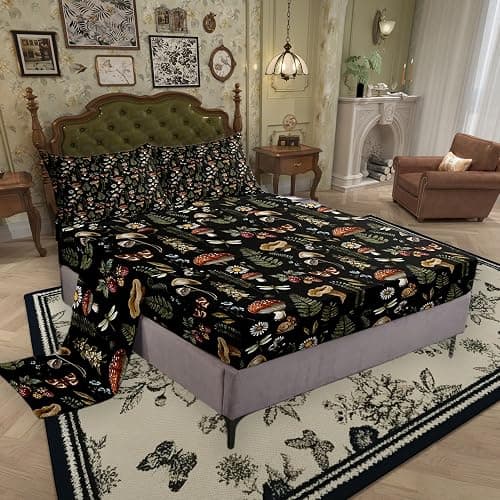 Mushroom Bed Sheet Natural Butterfly Wild Plant Leaves Decor Sheets for Kids Teens Adults Outdoor Jungle Rustic Farmhouse Style Bedding Set with Flat,Fitted Sheet,2 Pillowcases Queen Size 4 Pcs - Image 1