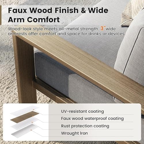 UDPATIO 6 Piece Patio Furniture Set, Metal Outdoor Sectional Sofa with 6" Thick Olefin Cushions, Wide Armrest & Coffee Table, L Shaped Outdoor Furniture for Garden, Backyard, Faux Wood Grain & Grey thumbnail 4