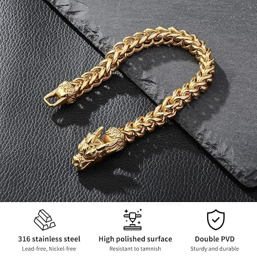 LCTrusttmor Gahna Viking Dragon Bracelet for Men, 316L Stainless Steel Cuban Link Chain 10mm Width, 8 Inch Length, Vintage Silver/Black/Steel/Gold, Punk Norse Jewelry Gifts for Him Husband thumbnail 6
