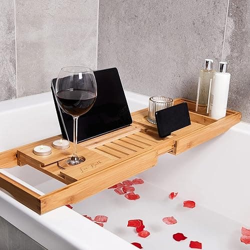 Lux Bath Extendable Bath Caddy | Hands-free Bath Tray to Safely Hold Your Tablet, Phone, Wine Glass and Candles | Fits Any Standard Bath | Non-slip, Water-resistant, and Made from Natural Bamboo thumbnail 7