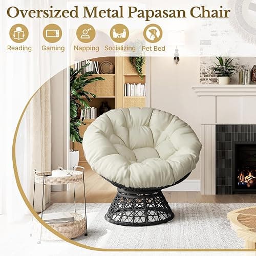Yaheetech Indoor Papasan Chairs with Thick Tufted Cushions and Frame, Swivel Wicker Ergonomic Lounge Reading Chairs for Living Room/Bedroom, Beige thumbnail 3