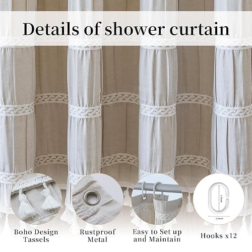 Siiluminisoy Cream Shower Curtain Fabric Rustic Shower Curtain Farmhouse Striped Cotton Blend Thick Boho Shower Curtains for Country Bathroom Decor, (Beige, 72 x 72) thumbnail 9