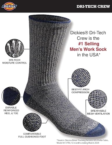 Dickies Men's Dri-Tech Original Moisture Control Crew Socks, Available in M-XXL (6, 12, 18 Pairs) thumbnail 3