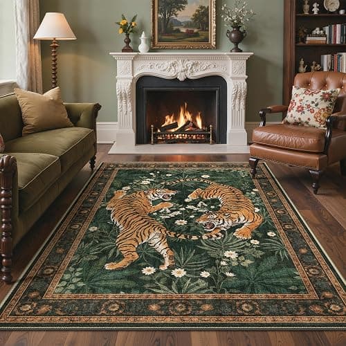 Bavni 5x7 Tiger Print Washable Area Rugs for Living Room Bedroom Non Slip | Vintage Oriental Boho Soft Thin Stain Resistant Low Pile, Botanical Forest Green Animal Carpet for Dining Room Nursery Office - Image 1