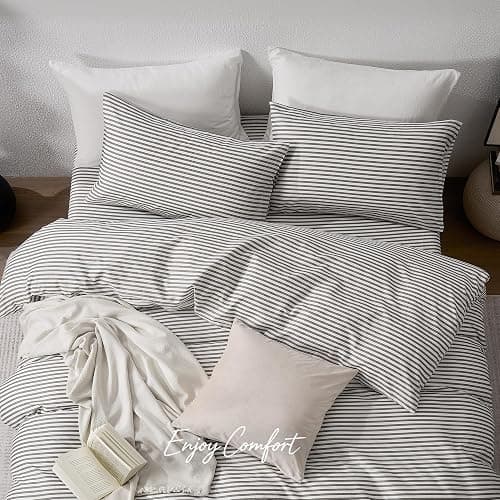 JELLYMONI 100% Cotton Classic Striped Queen Duvet Cover Set, Grey | Breathable Softness, Oeko-Tex Certified, Classic Stripes, 8 Corner Ties & Double Hidden Zipper thumbnail 4
