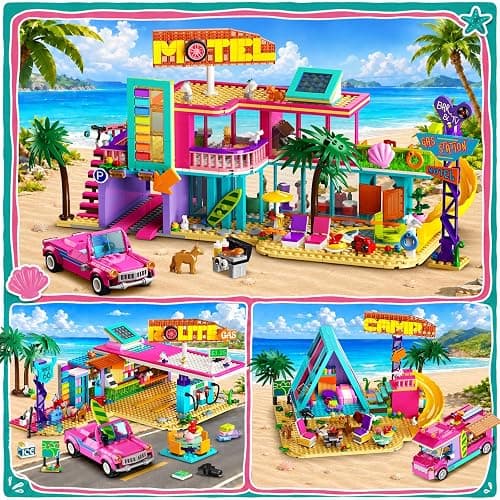 HOGOKIDS 3-in-1 Friends Motel Building Set with LED & Car for Girls Age 8+ | Foldable design with guest rooms, balcony, pool area, gas station and campsite for imaginative road-trip and vacation play thumbnail 3