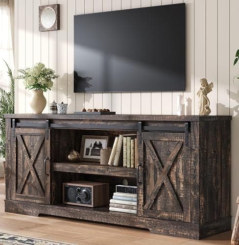 AMERLIFE 66" Farmhouse TV Stand for 75 Inches TVs, Entertainment Center with Sliding Barn Door and Adjustable Shelf & Feet, Console Table with Storage, Dark Rustic Oak - Image 1