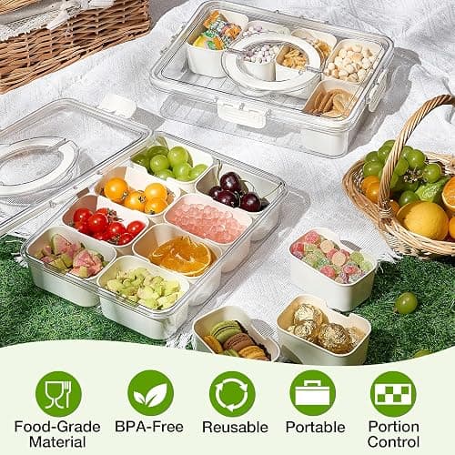 Mfacoy Snackle Box Container, 2 Pack Divided Serving Tray with Lid and Handle, Snack Box Charcuterie Container for Portable Snack Platters, Clear Organizer for Candy, Fruits, Travel, Party, Picnic thumbnail 4