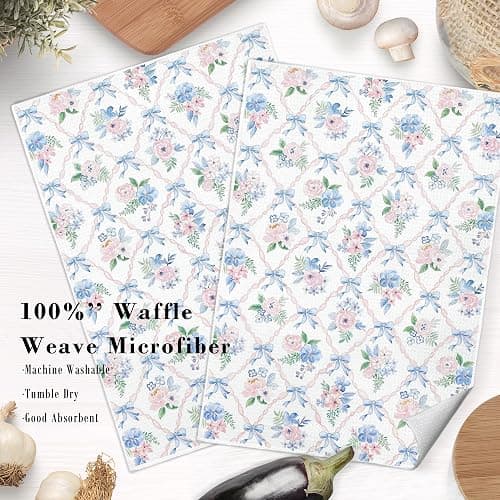 MKIJUHB Coquette Blue Bow Floral Kitchen Dish Towels, Pink and Blue Grandmillennial Flower Decorative Hand Tea Towels for Bathroom, Coquette Bathroom Decor, 16x24 Inch Set of 2 thumbnail 3