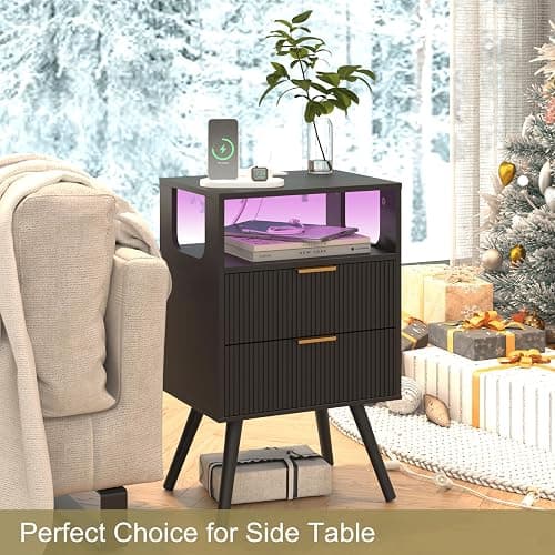 JOONEE Black Nightstand with Charging Station and LED Lights,Modern Bedside Table with 2 Storage Drawer and Open Wood Shelf, for Bedroom and Small Spaces,Night Stand with Solid Wood Legs,Black thumbnail 7