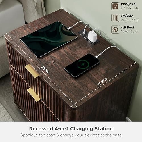 T4TREAM 23'' Fluted Nightstand Set of 2 with Charging Station, Large 2 Drawer Bedside Table, Modern End Table with Storage, Mid Century Night Stand for Bedroom Living Room, Curved Profile, Dark Walnut thumbnail 5