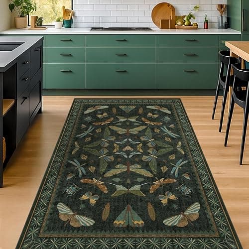 Dark Green 4x6 Washable Area Rug for Living Room, Bedroom, Large Entryway, Kitchen, Ultra Soft Non Slip Stain Resistance, Floral Forest with Brown Aethestic Design thumbnail 6