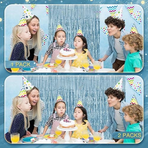 2 Pack Light Blue Fringe Backdrop, 3.2x8.2ft Shining Foil Tinsel Curtains, Birthday Party Decorations Door Streamers for Halloween, Christmas, Wedding, Graduation, Holiday, Theme Events thumbnail 9