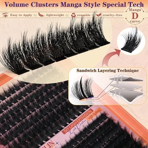Thick Lash Clusters With Spikes 180D+280D Volume Eyelash Clusters 12-22MM Long Manga Lash Extension Spiky Cluster Eyelash Extensions 224Pcs Manga Individual Lashes DIY at Home by Anforlin thumbnail 6