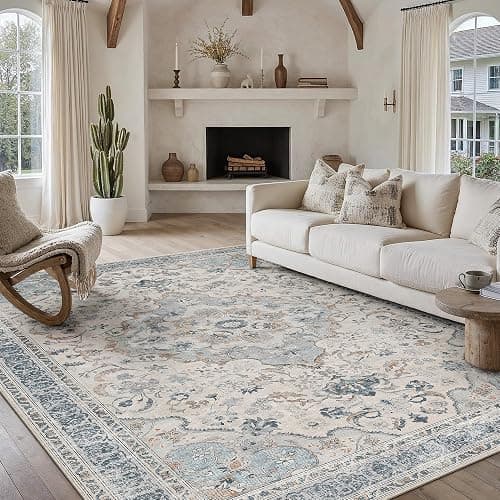 PureCozy Blue Area Rug 8x10 Living Room Vintage Floral Non-Slip Carpet | Machine Washable, Soft, Low Pile, Distressed, Large for Bedroom, Dining Room, Office, Retro Neutral Decor - Image 1