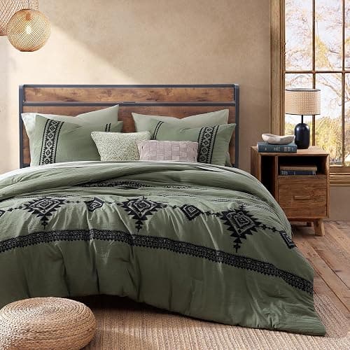 MaiRêve Olive Green Embroidery Comforters Set Queen Size - 7 Pieces, Farmhouse Western Bedding All Season Bed in A Bag Queen, Boho Comforter Set with Sheets, Pillowcases & Shams thumbnail 2